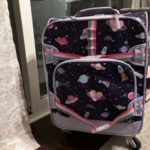 Pottery Barn Kids Space-Themed Rolling Luggage - Purple and Pink